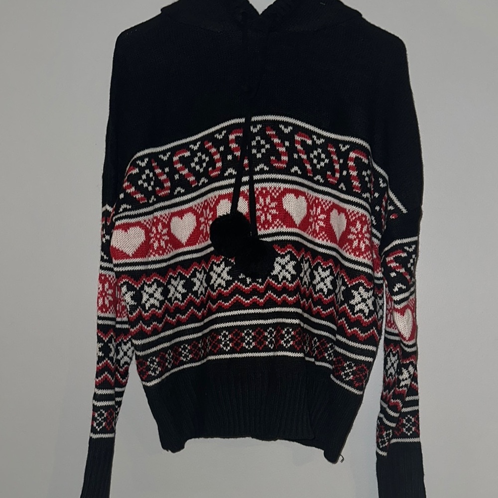 Black and Red Nordic Patterned Crew Neck Sweater winter pattern Christmas Sherpa